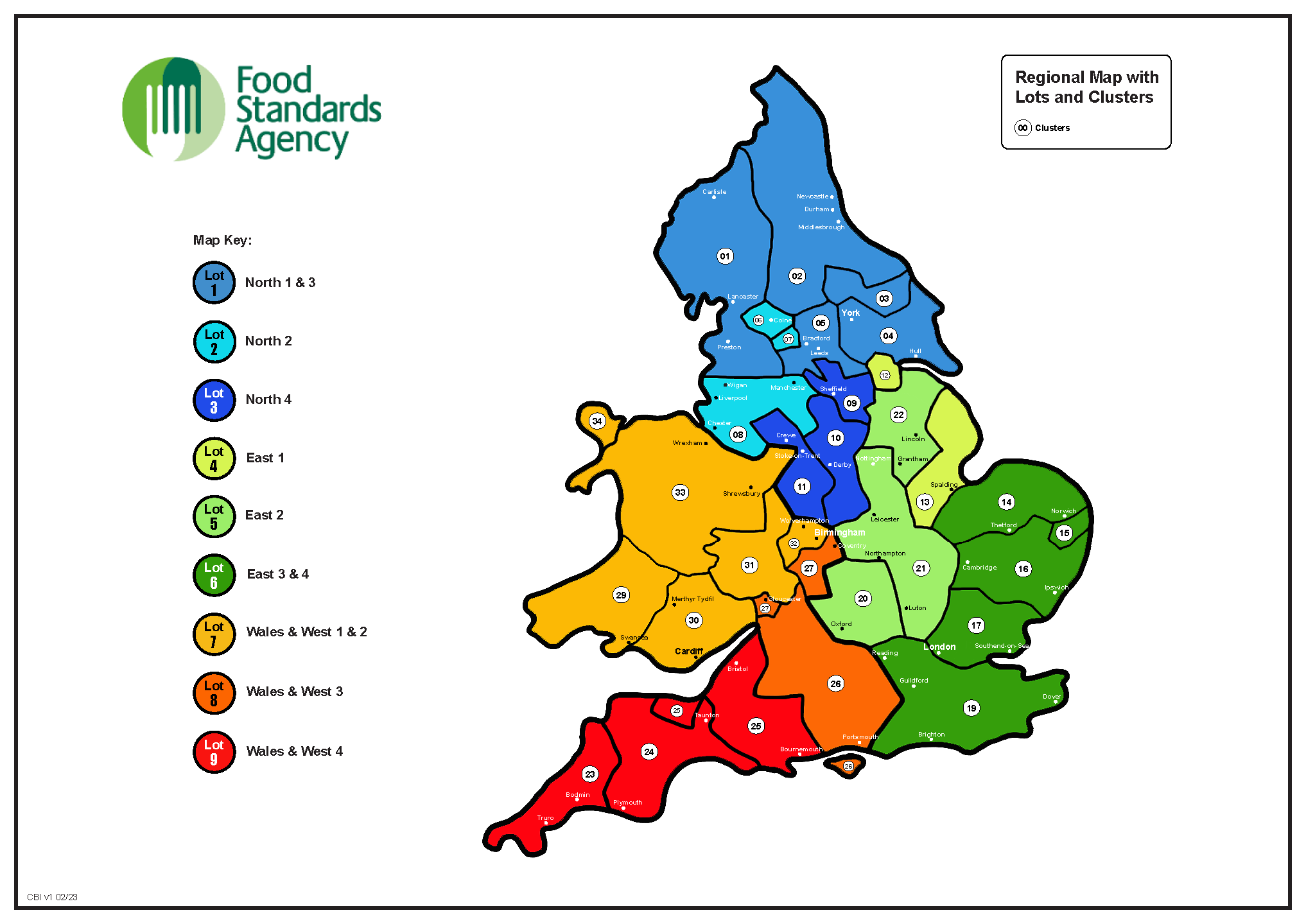 Map showing the nine geographical areas or ‘Lots’ for Official Controls for meat across England and Wales. Lot 1 (North 1 & 3), Lot 2 (North 2), Lot 3 (North 4), Lot 4 (East 1), Lot 5 (East 2), Lot 6 (East 3 & 4), Lot 7 (Wales and West 1 & 2), Lot 8 (Wales & West 3) and Lot 9 (Wales & West 4).  