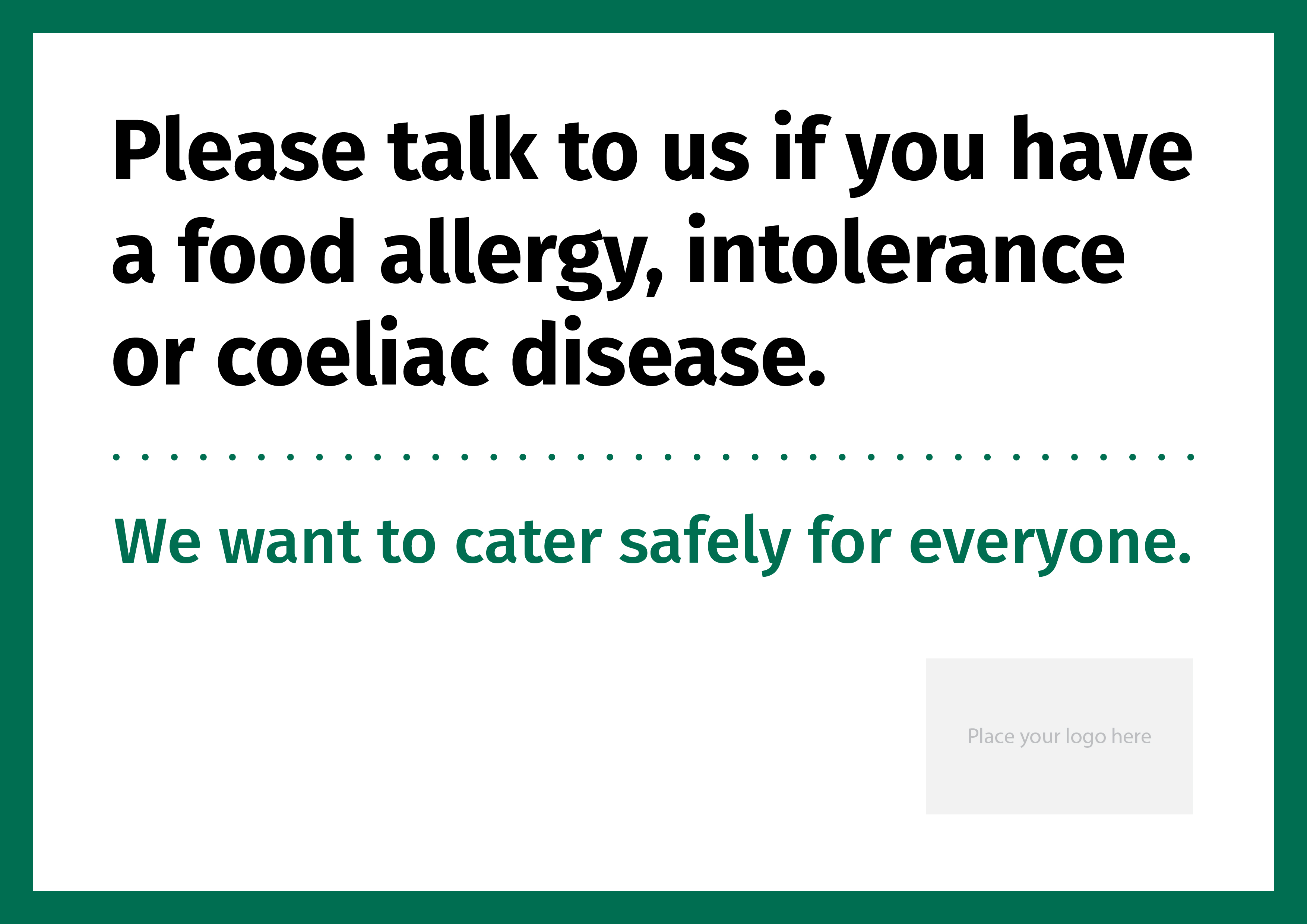 Allergen poster available for download. This poster has space for personalisation with a company logo in the corner.