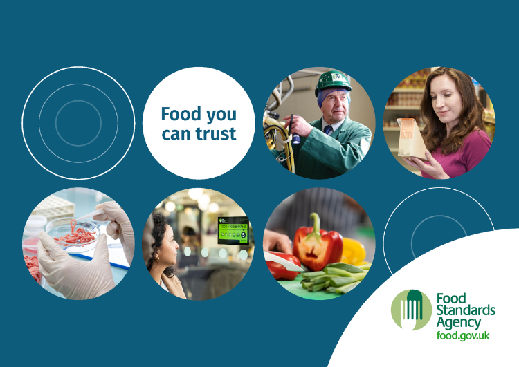 Front cover of the FSA Brochure - a group of people in circles with "Food you can trust' in one of them. Food Standards Agency logo in bottom right.