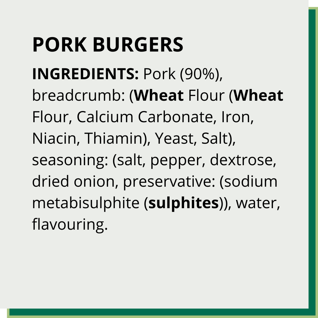 Pork burgers PPDS food label