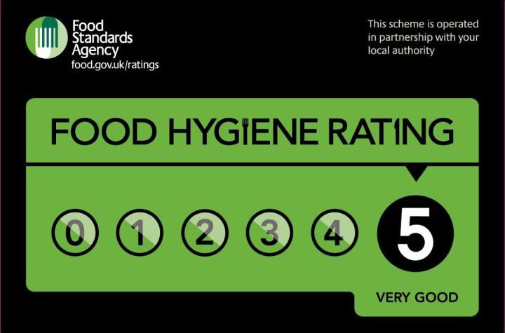 Food Hygiene Rating sticker with a five rating